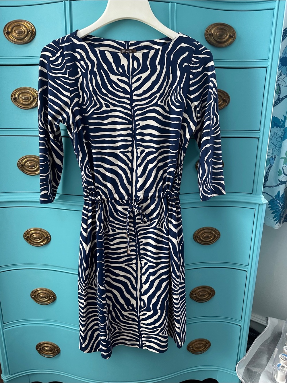 J. McLaughlin Navy and White Zebra-Stripe Long Sleeve Dress